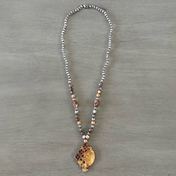 🐟 Carved Koi Fish Stone Pendant Knotted Thread Earth Colored Bead Boho Necklace - Picture 2 of 5